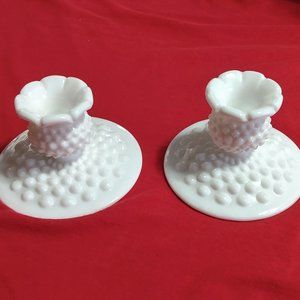 PAIR MILK GLASS HOBNAIL  CANDLE HOLDERS